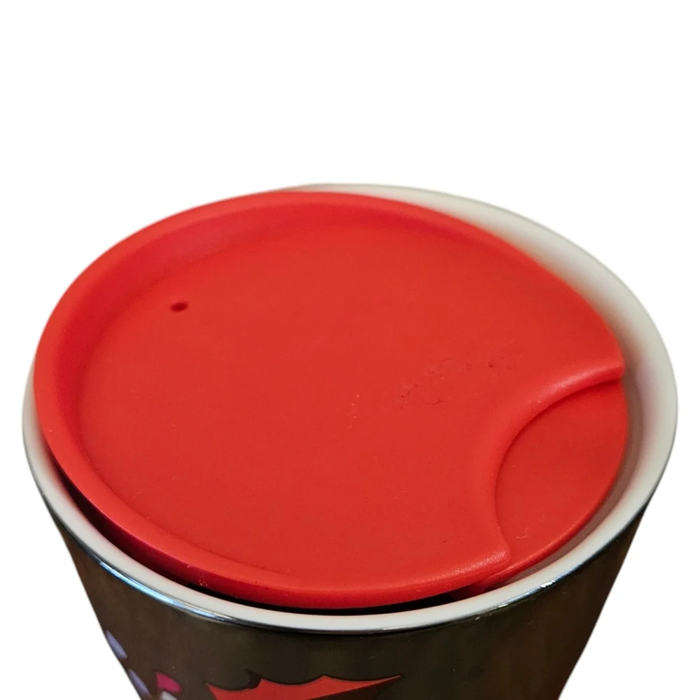 Starbuck 2023 Ceramic 12 oz Travel Tumbler Holiday Red Ribbon Holly Berry Silver